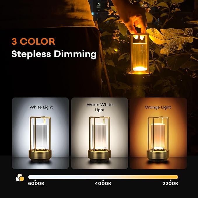 Rechargeable Cordless Small Metal Table Lamp, Stepless Dimming, 3-Color | Gold, 2600mAh Battery, Portable LED Desk Light, Cute, Suitable for Indoor/Outdoor/Restaurant/Bedroom/Bar/Coffee/Camping - Image 6