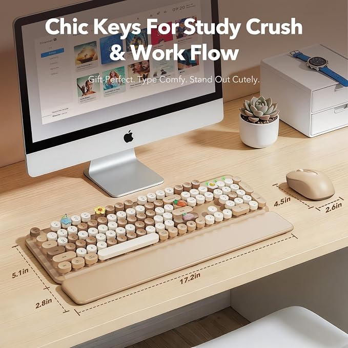 Wireless Keyboard and Mouse Combo, Round Keycaps, Full-Size Retro Typewriter-Style Keyboard with Magnetic Wrist Rest, Tilt Legs, 2.4GHz Cordless for Mac, Windows PC, Laptop, SABLUTE CK23, Latte Beige | Full-Size Retro Typewriter-Style Keyboard, Tilt Le... - Image 8