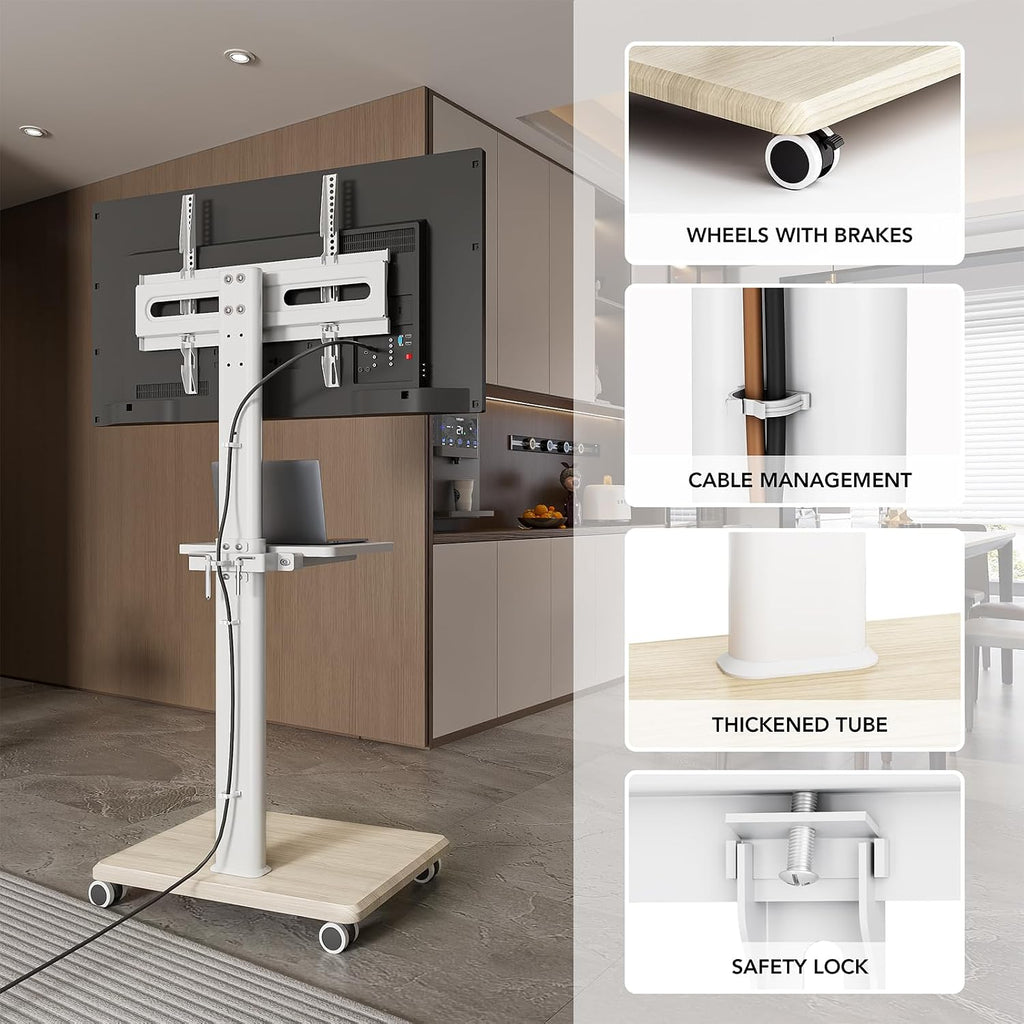 Universal Floor TV Stand, Portable Rolling Floor TV Mount with Wheels, 80 Degree Swivel Height Adjustable for 27 to 65 Inch LCD LED OLED, Holds up to 88 lbs Mobile TV Cart, Max VESA 400x400mm - Image 4