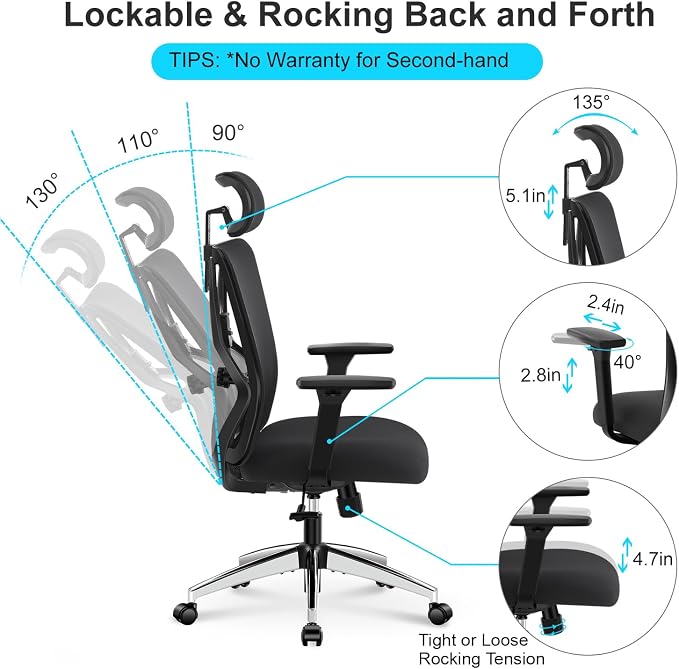 Ticova Ergonomic Office Chair - High Back Desk Chair with Adjustable Lumbar Support & 3D Armrest - 130°Reclining & Rocking Mesh ComputerChair with Thick Seat Cushion & Rotatable Headrest - Image 4