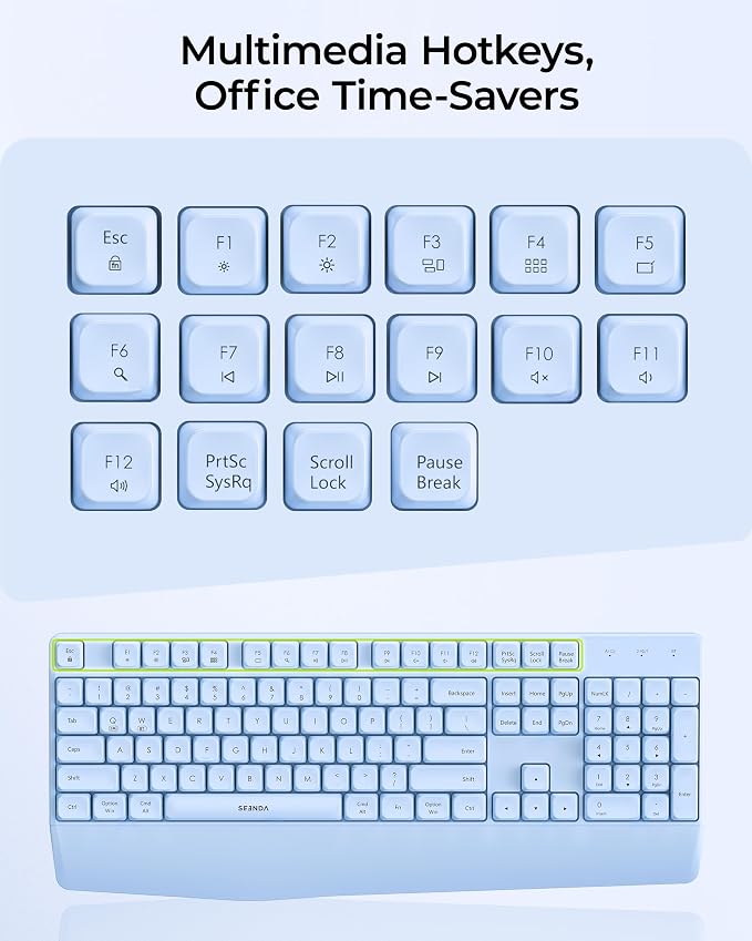 seenda Wireless Bluetooth Ergonomic Keyboard Mouse Combo, Full Size, Blue | USB/Bluetooth multi-device switching, with wrist rest, number pad, and quiet operation for PC, laptop, Mac, MacBook, and iPad - Image 9