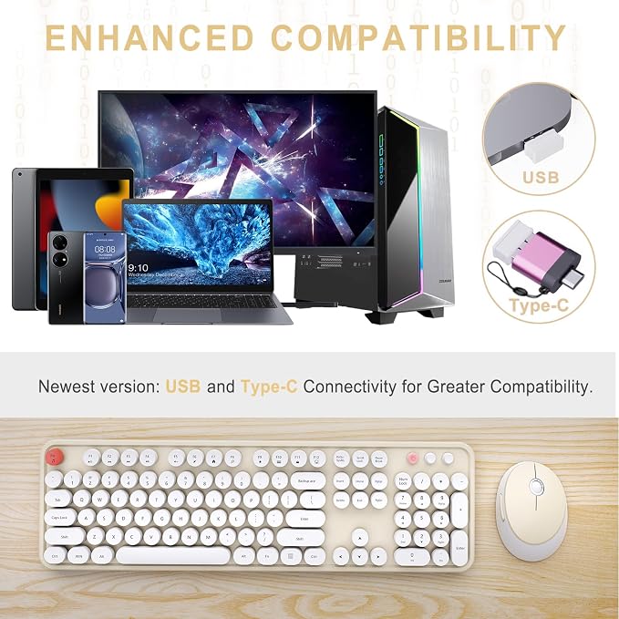 Wireless Keyboard and Mouse Combo, Ergonomic Full Size Typewriter Retro Round Keycaps Keyboard, Compatible with Windows, PC, Perfer for Home and Office Keyboards (Beige - Image 2