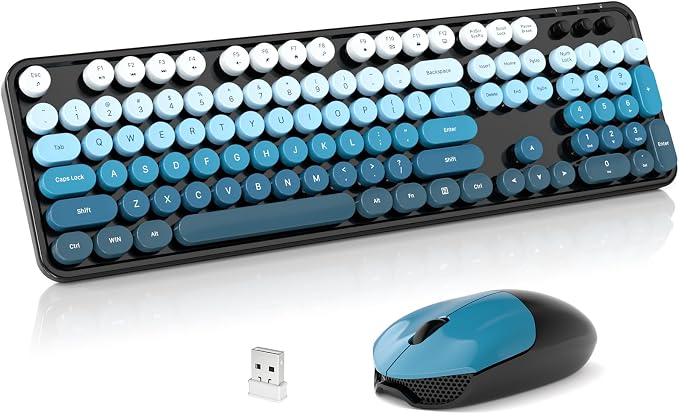 Wireless Keyboard and Mouse Combo, 2.4GHz Retro Full-Size Typewriter Keyboard with Number Pad and Wireless Mouse for PC/Laptop/Desktop/Windows (Black Blue) by Unknown
