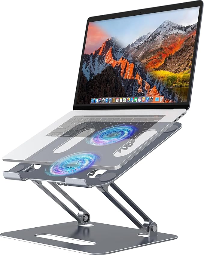 YICOSUN Adjustable Laptop Cooling Stand with 2 Quiet Fans & RGB Lighting, Aluminum Alloy & Foldable Ergonomic Design for MacBook, Lenovo, ASUS, Dell 10-16 Inch, Perfect for Gaming, DJ, Office - Gray by DeliveringDesktopFashion