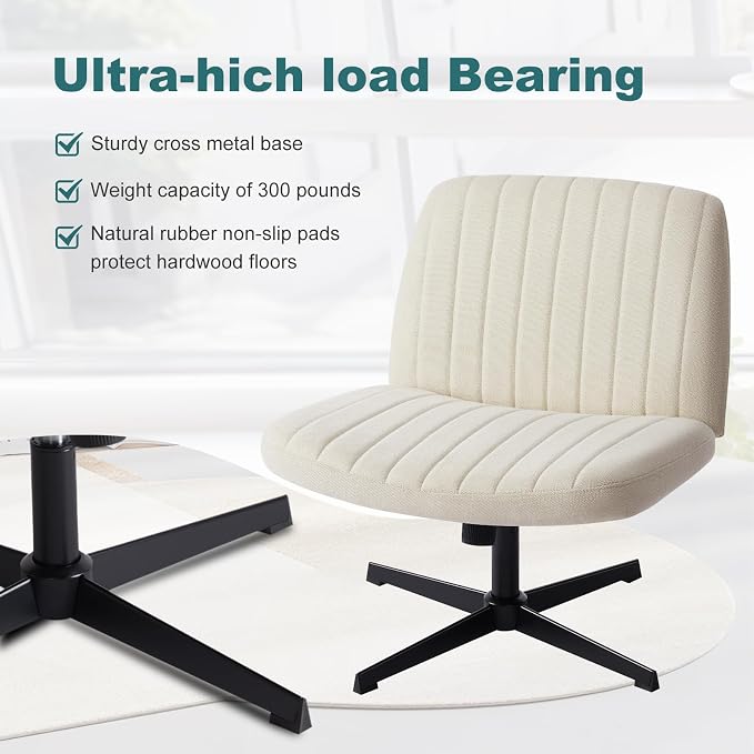 OLIXIS Criss Cross Chair, Vanity Chair, Home Office Desk | Armless Wide Seat, Height Adjustable Swivel, Comfy Fabric, Bedroom Student Study Room, Beige No Wheel - Image 5