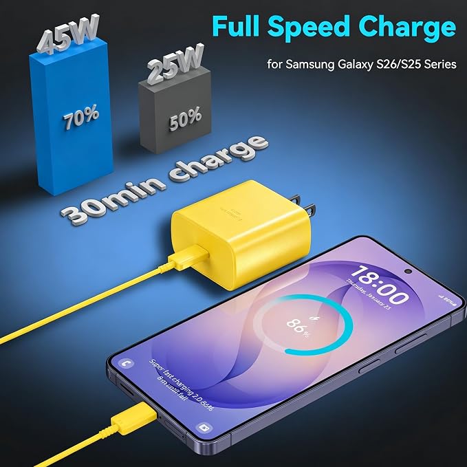 45W Super Fast Charger USB C Android Phone Type C Charger Fast Charging Block with 6.6FT Cord for Samsung Galaxy S26/S26 Ultra/S26+/S25 Ultra/S25/S24 Ultra/S24/S23 Ultra/S22/S21/S20/Note 10, Yellow - Image 4