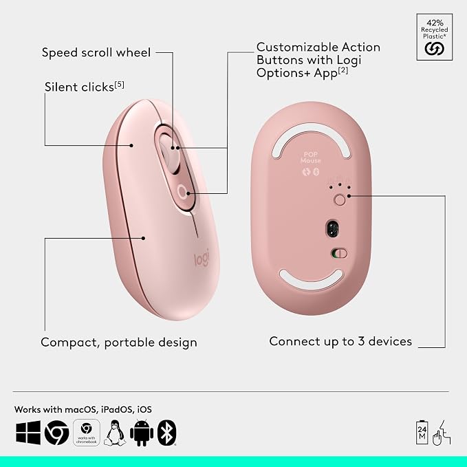 Logitech POP ICON Combo Wireless Bluetooth Keyboard and Mouse - Rose | Comfortable typing, programmable keys and buttons, quiet clicks, easy-switch up to 3 devices - Image 7