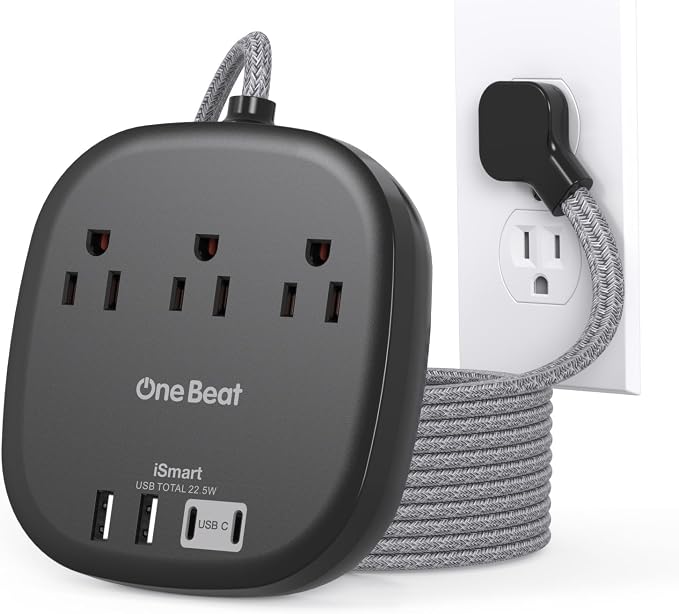 Cruise Ship Travel Essentials, 22.5W/4.5A Flat Plug Power Strip, Black | 6Ft Extension Cord, 3 Outlets 4 USB Ports (2 USB C) Cruise Approved Power Strip No Surge Protection, Desktop Charging Station by OneBeat