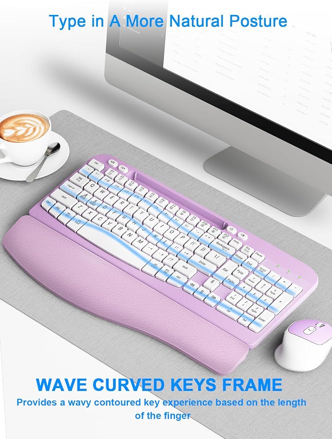 Hayyiesh Ergonomic Wave Keys Wireless Keyboard and Mouse Combo, Full Size with Memory Foam Wrist Rest & Phone Holder, 2.4G Cordless Set with USB-C Adapter for Windows Mac Desktop Laptop (Purple) - Image 6