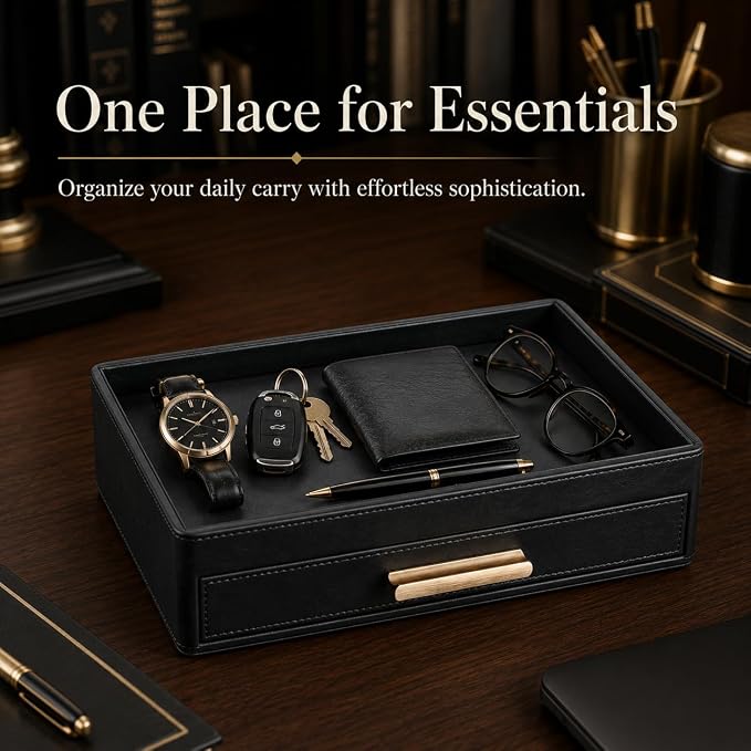 GORESE Leather Valet Tray for Men, Nightstand Organizer with Drawer, Black | Vegan Leather, EDC Desk Organizer Tray for Jewelry Cologne Watch Wallet Key, Catchall Tray for Dresser Entryway Table Bedside - Image 2