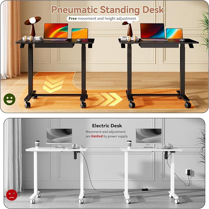 Mobile Standing Desk with Drawer, Height Adjustable, 35" Black | Small Rolling Desk & Table, Pneumatic Computer Sit Stand Workstation, Portable Laptop Cart w/ Hidden Wheels, Lockable Casters - Image 5