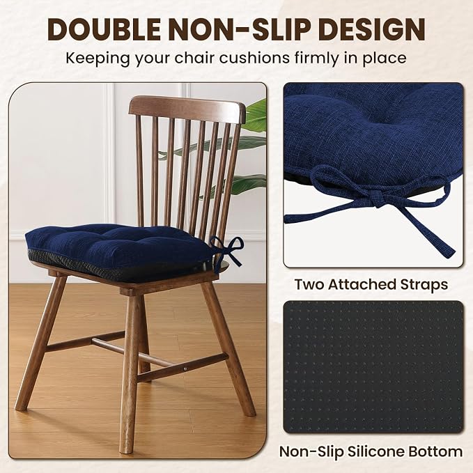 downluxe Indoor Chair Cushions for Dining Chairs, Tufted Overstuffed Textured Kitchen Chair Pads with Ties and Non-Slip Backing, 15.5" x 15.5" x 4", Royal Blue, 6 Pack - Image 4
