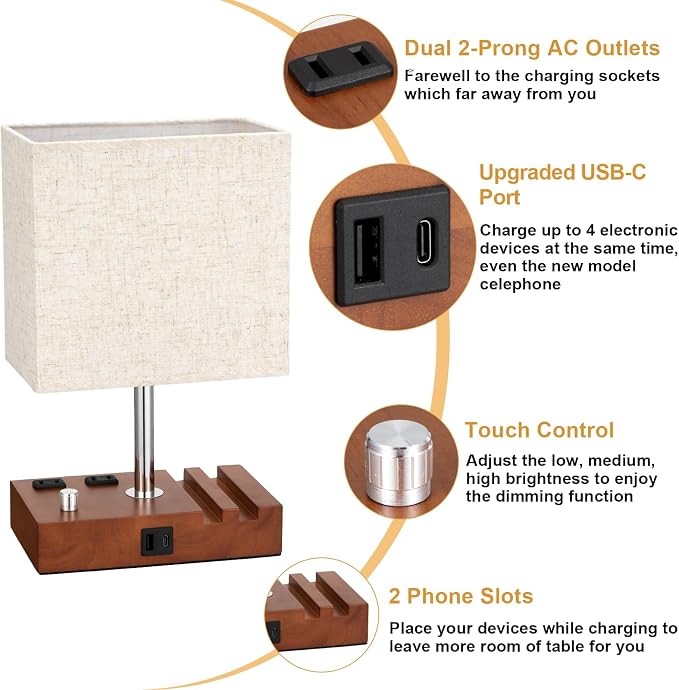 Brown Wood Grain Bedside Lamp - Stepless Dimmable, USB C+A, 2 AC Outlets | Dimming By Rotary Knob, USB C+A Ports, 2 Phone Stands, LED Bulbs Included, Rectangle Beige Lampshade, for Living Room, Desk - Image 4