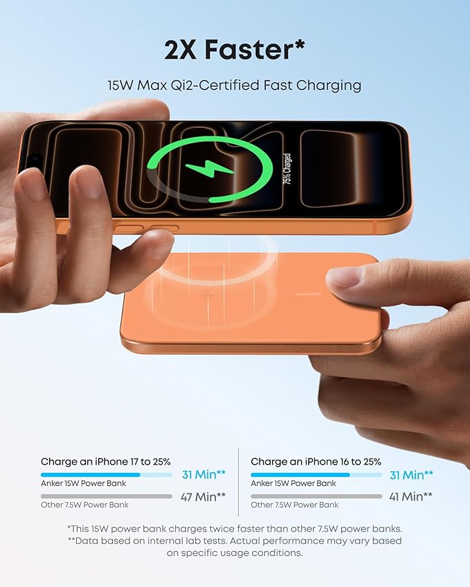 Anker Nano Magnetic Power Bank, 5,000mAh Qi2-Certified 15W Portable Charger | Ultra-Slim Wireless Battery Pack with Ergonomic Design, Compact for Travel, for iPhone 17 / 16 Series and More - Image 4