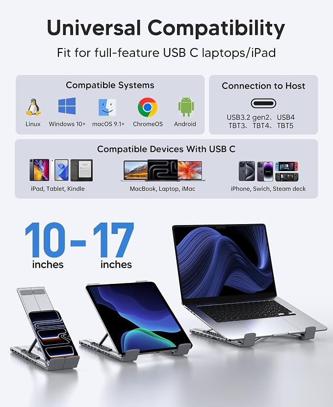 10 in 1 USB C Laptop Dock Stand 4K Triple Monitor with PD 100W | 2*HDMI+1*DisplayPort(up to 4K@60Hz), 2 USB A 3.0, 2 USB A 2.0, PD 100W, USB C 3.0+SD&TF for Mac Pro/Air/Dell/HP/Surface/Acer - Image 7