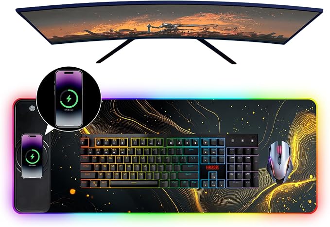 Wireless Charging RGB Gaming Mouse Pad, 31.5 x 11.8 Inch Extended Mouse Mat with Black & Gold Abstract Wave Design, LED Desk Pad with 7 Lighting Modes, Non-Slip Base for Gaming & Office - Image 4