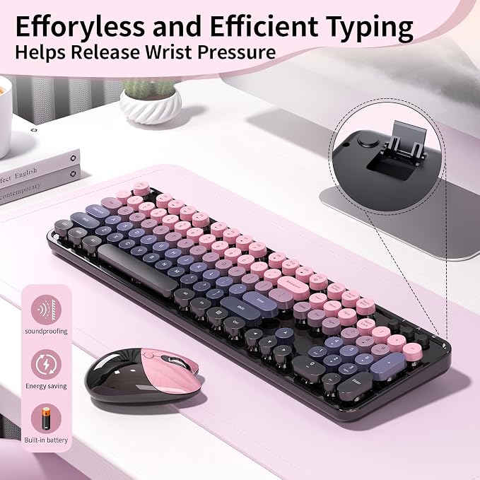 Wireless Keyboard and Mouse, MOFII 104 Round Keycaps Retro Typewriter with OTG & Brush, Full-Size Ergonomic, Ideal for Windows PC, Home, Office and College Peach Pink - Image 6