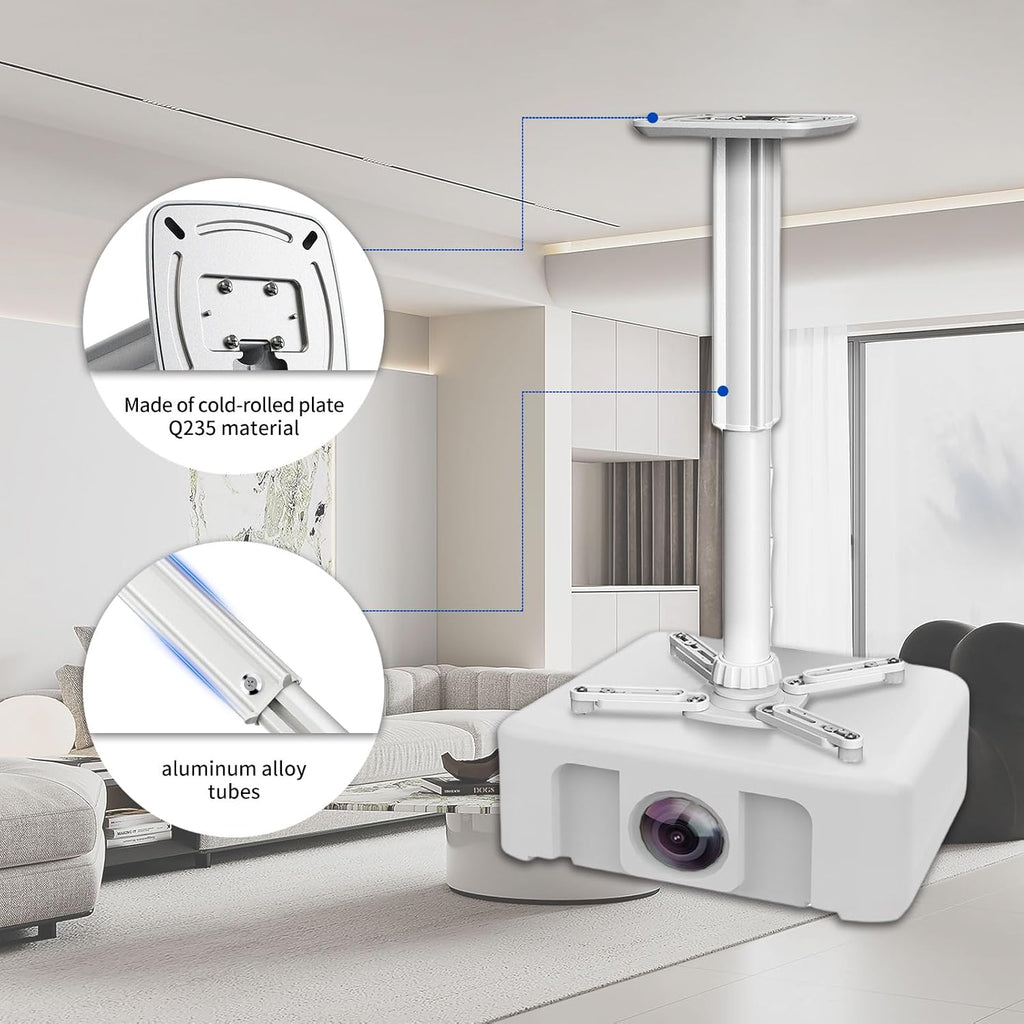 Jomard Projector Ceiling Mount, Heavy Duty Aluminum, Adjustable Height 22"-40.78", 360° Swivel 15° Tilt, Holds 15 Lbs, White - Image 3