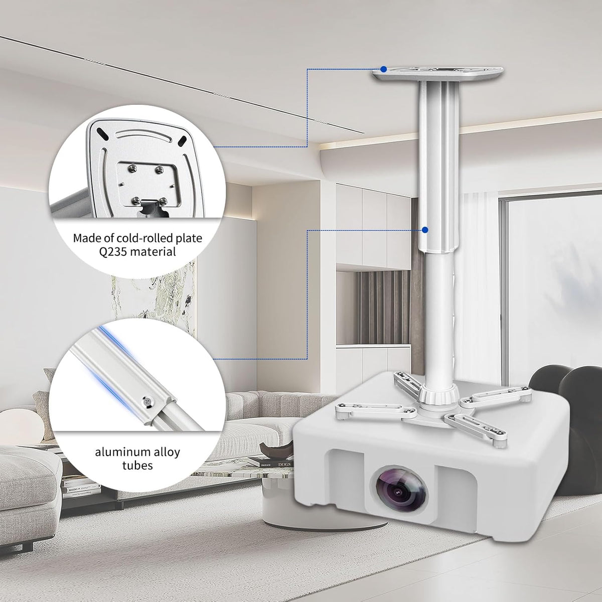 Jomard Projector Ceiling Mount, Heavy Duty Aluminum, Adjustable Height 22"-40.78", 360° Swivel 15° Tilt, Holds 15 Lbs, White - Image 3