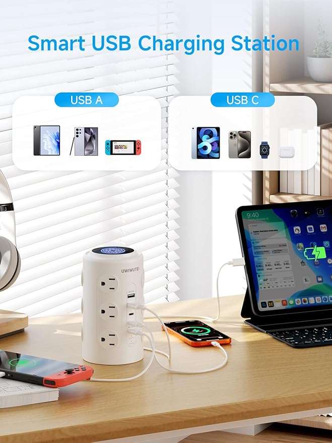 Tower Power Strip with 1 Dedicated PD 20W Fast-Charging Port, 12 Outlets, 5 USB Ports (3 USB-C), Desk Charging Station for Multiple Devices,15FT Extension Cord, Home Office Essentials - Image 5