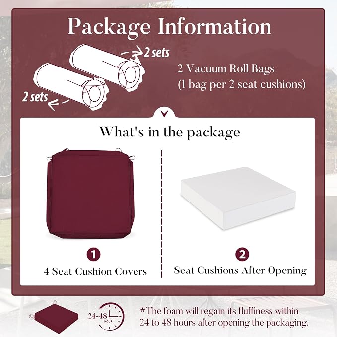 Basic Beyond Outdoor Chair Cushions for Patio Furniture, Waterproof Outdoor Seat Cushions Set of 4 19 x 19, Patio Chair Cushions Set of 4 with Ties and Handle, Burgundy - Image 7