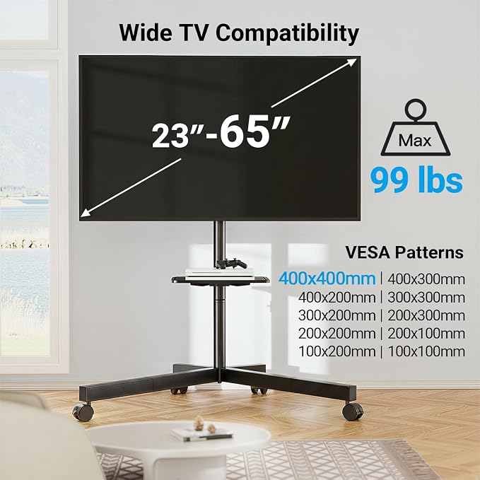 PERLESMITH Rolling TV Stand for 26-65 Inch TVs up to 88 lbs, Mobile Outdoor TV Stand with Shelf & Large Base, Tilt TV Stand with Wheels, Portable TV Cart for Bedroom, Max VESA 400x400mm, PSTVMC06B-B - Image 2
