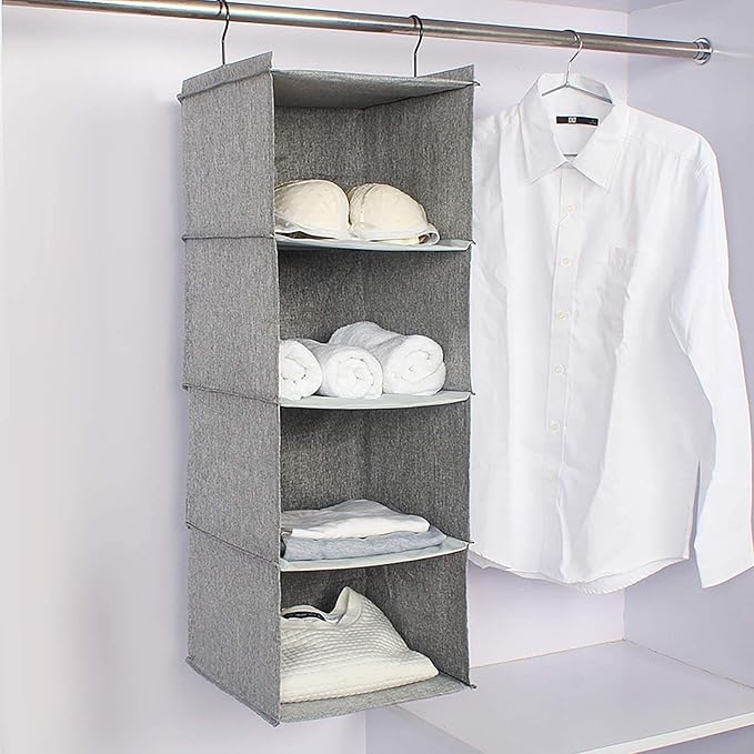 Hanging Closet Organizer 4-Shelf, Oxford Linen Wardrobe Storage, Gray | Easy-mount foldable design holds clothes, handbags, shoes & accessories; washable Oxford fabric, sturdy and space-saving. - Image 8
