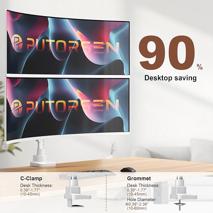 Dual Monitor-Arm Heavy-Duty for 17-49-inch Screens - Vertical Stacked Dual Monitor Mount Stand for Ultrawide Screens up to 44lbs, Aluminum,Full Motion, VESA 75/100 mm, White - Image 6