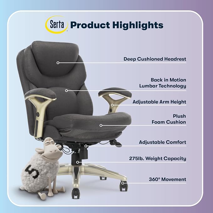 Serta Claremont Executive Office Chair with Back-In-Motion Technology, Ergonomic Mid-Back with Pivot Lumbar Support & Seat, Plush Cushion, Body Pillows, Adjustable Arms, Dark Gray Fabric | Claremont, Adjustable Arms & Height, Foam Seat and Headrest Cus... - Image 4