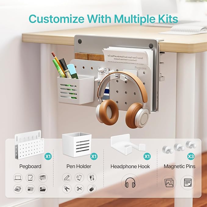 Desk Side Storage Organizer, Fits Flat Edge 0.4" to 2.2", White | No Drill Under Desk Laptop Holder, Clamp on Desks Shelf with Pegboard Accessories, Hanging Laptop Mount - Image 5