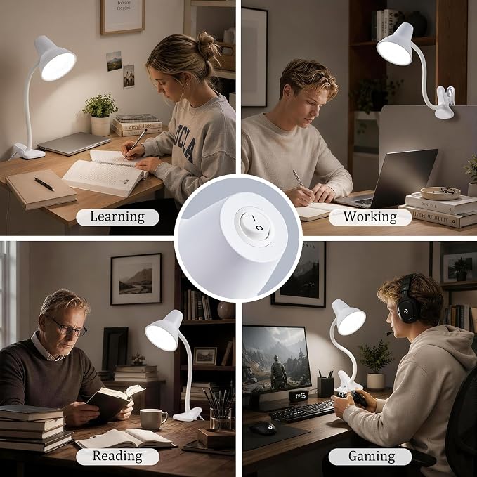 Clip On LED Desk Lamp, Flexible Arm, Eye-Caring Study Lamps for School Dorm | 4.5W Energy-Saving, Anti-tip Bedside Reading Light, Desk Lamps for College Dorm Room, Home Office, Modern Lamp with 1.6m Cord - Image 6