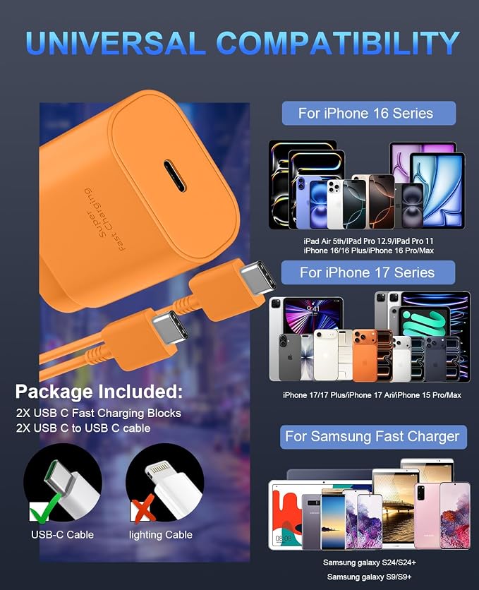 Phone 17 16 15 Charger Fast Charging,30W USB C Phone 17 16 15 Pro Max Charger Block & 10FT Long Type C Cable Cord for i.Phone 17/17 Air/17 Pro/17 Pro Max/16/16 Pro Max/15/15 Pro Max,Orange - Image 7