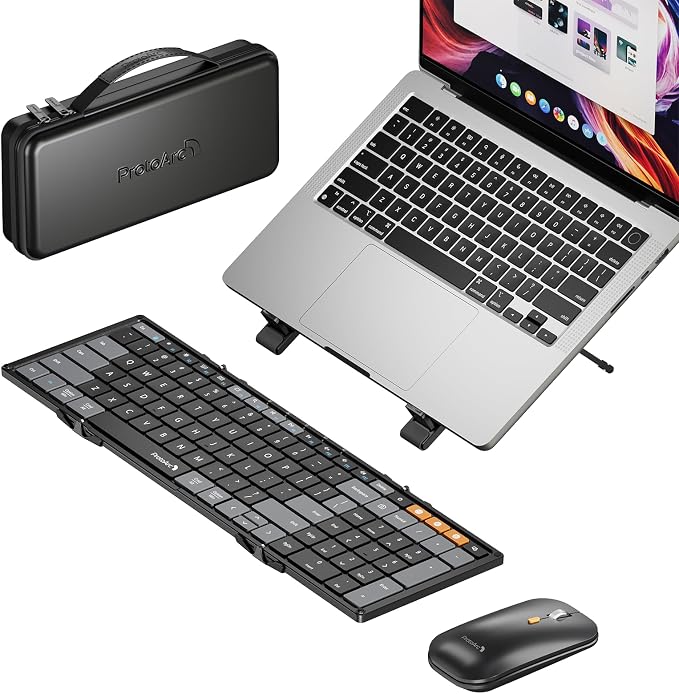 ProtoArc XKM01 CaseUp Foldable Bluetooth Keyboard Mouse Combo | Portable with Laptop Stand, Mobile Work Solution for On-the-Go, Compatible with Laptop PC Macbook, Windows Mac OS by ProtoArc