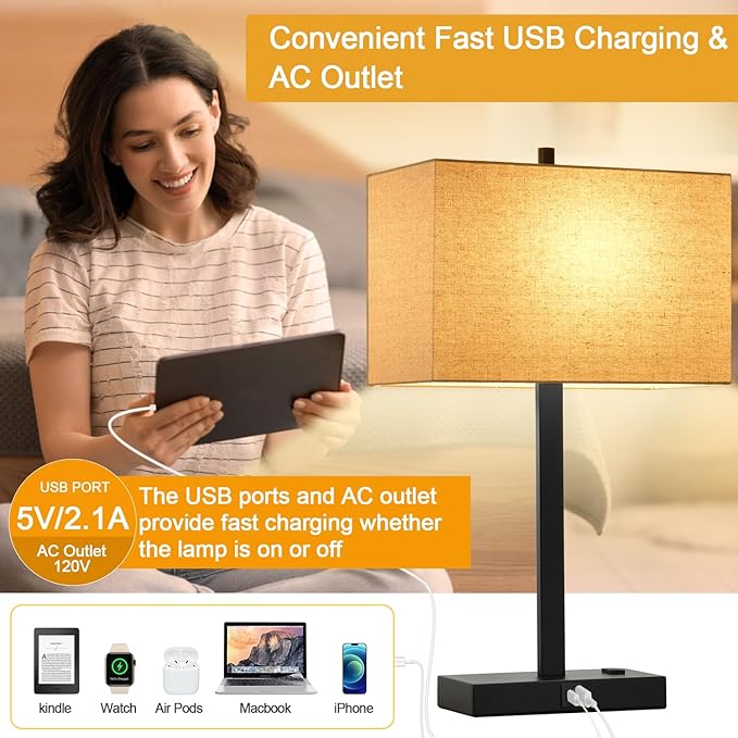 21" Touch Bedside lamps with 2 USB & AC Outlets, 3-Way Dimmable Bedside Table Lamps Set of 2 for Bedroom Living Room Office Reading, Beige Linen Shade Lamps for Night Stands, 2700K LED Bulbs Included - Image 7