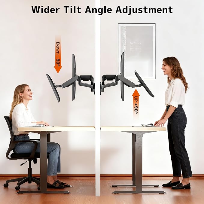 Dual Monitor Wall Mount for 17-32 inch Flat/Curved Computer Screens | Aviation-Grade Aluminum Gas Spring, Full Motion, Holds Up to 19.8lbs per Arm, VESA 75/100 mm, Black - Image 8