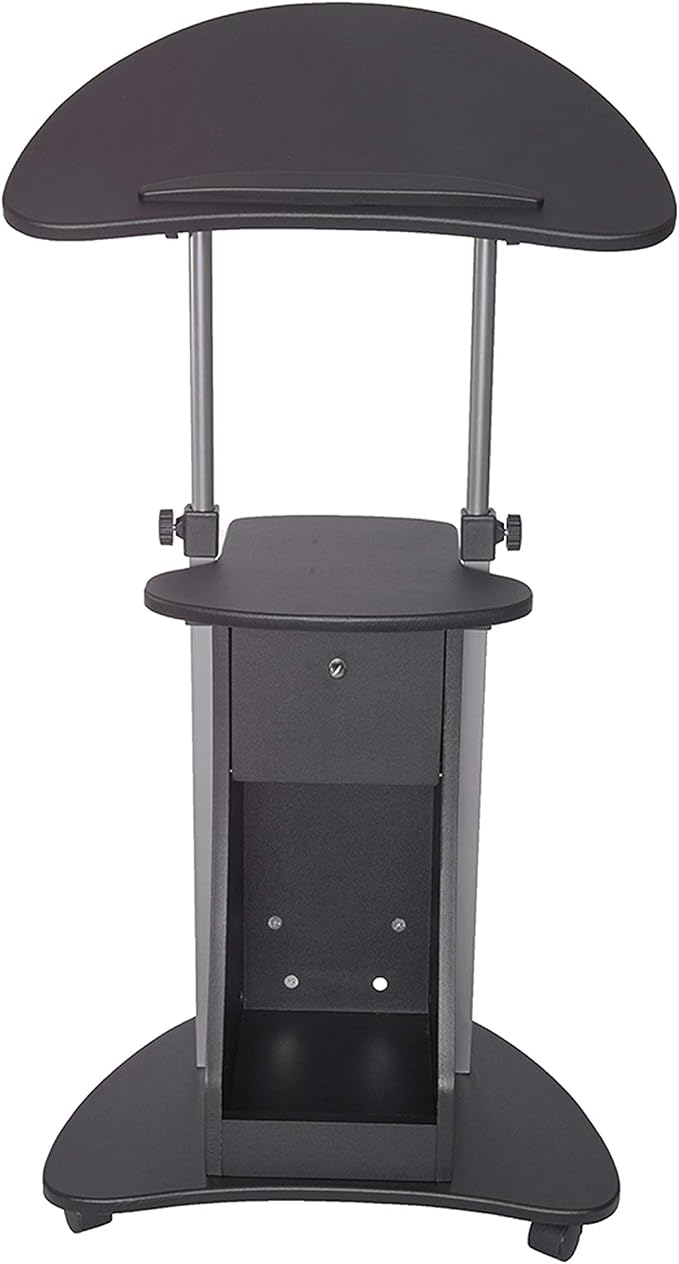 Techni Mobili Adjustable Height Rolling Laptop Cart with Storage, Black | Adjustable height rolling laptop cart with storage, open shelf, wheels, sit‑to‑stand ideal for podium office medical use - Image 8