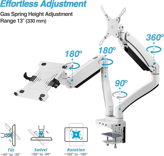 Dual Monitor Arm Desk Mount with 15" Laptop Tray USB-C&A Docking Station | AVLT 17”-43" HDMI 4K60Hz, Ethernet, 100W PD, Fits Two Flat/Curved Monitor - White - Image 5