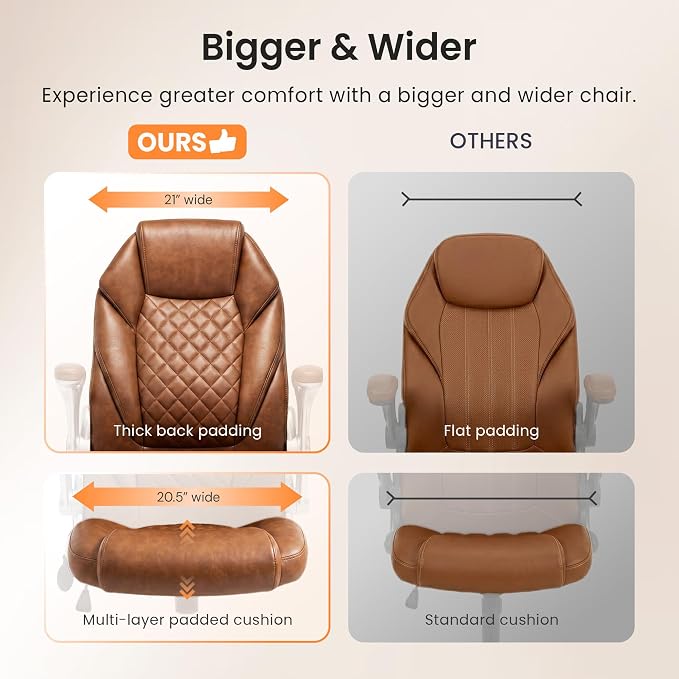 NEO CHAIR Executive Leather Chair, Ergonomic Office Chair, Lumbar Support | Brown Ergonomic Office Chair with High Back, Flip-Up Arms and Wide Seat, Comfortable Gaming Chair with Wheels for Back Pain - Image 9