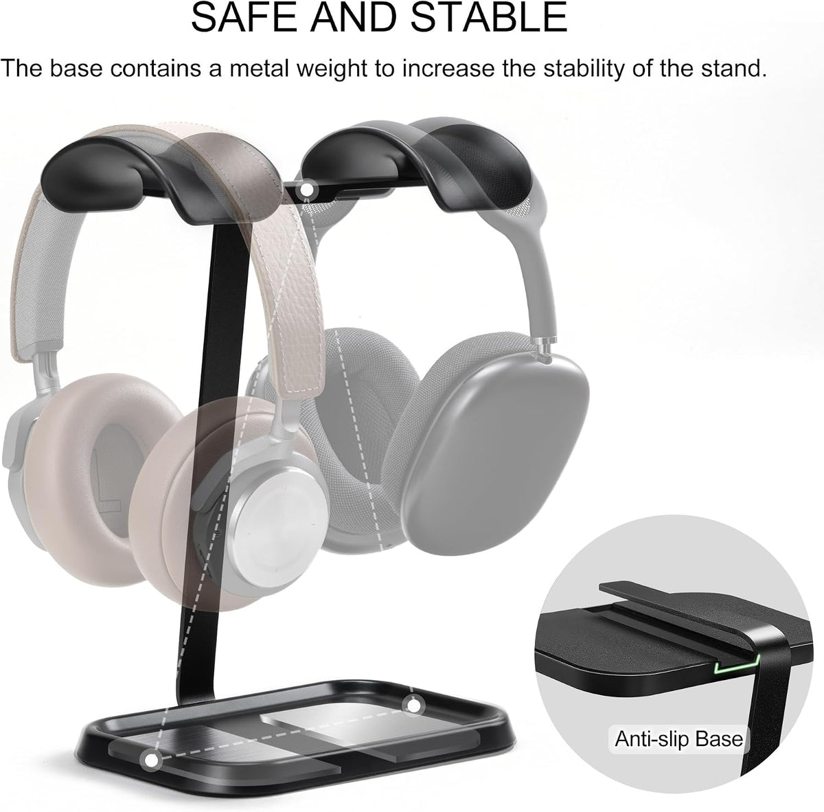 Dual Headphone Stand, Double Balanced Headset Stand with Storage Tray, Heavy Base Gaming Headset Holder for Desk (Black) - Image 3