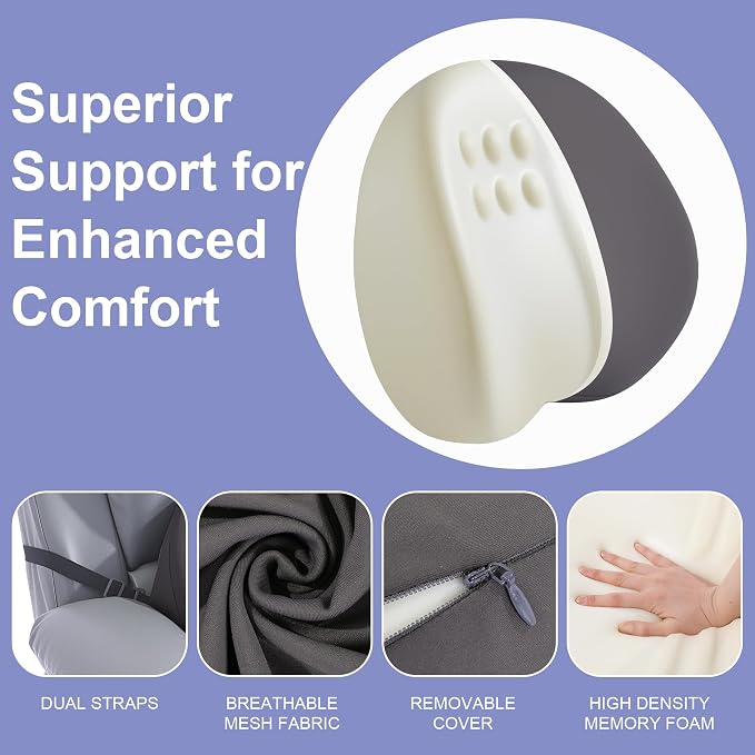 HOMBYS Ergonomic Lumbar Support Pillow for Recliner, Memory Foam Back Support for Recliner Chairs with Silky Cooling Cover, Washable & Orthopedic Design for Lower Back Pain Relief (Grey) - Image 6