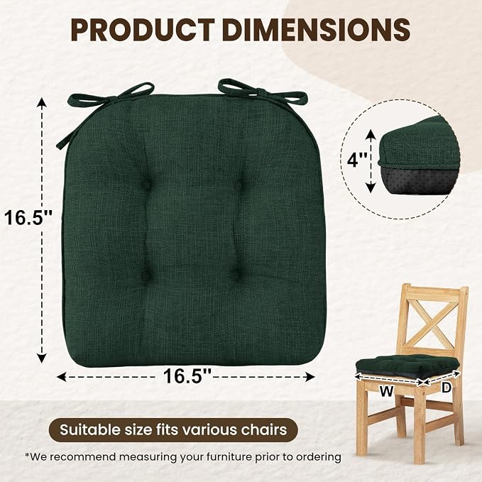 downluxe Indoor Chair Cushions for Dining Chairs, Tufted Overstuffed Textured Kitchen Chair Pads with Ties and Non-Slip Backing, 16.5" x 16.5" x 4", Dark Green, 4 Pack - Image 2