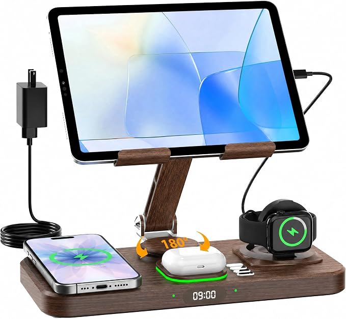 Wireless Charging Station for Apple Devices, Only for Apple Watch Charging | Included Type-C Cable for Tablet Charging, Foldable Wireless Charging Station, Cycling Ambient Lights, Time Clock Display by Hostena
