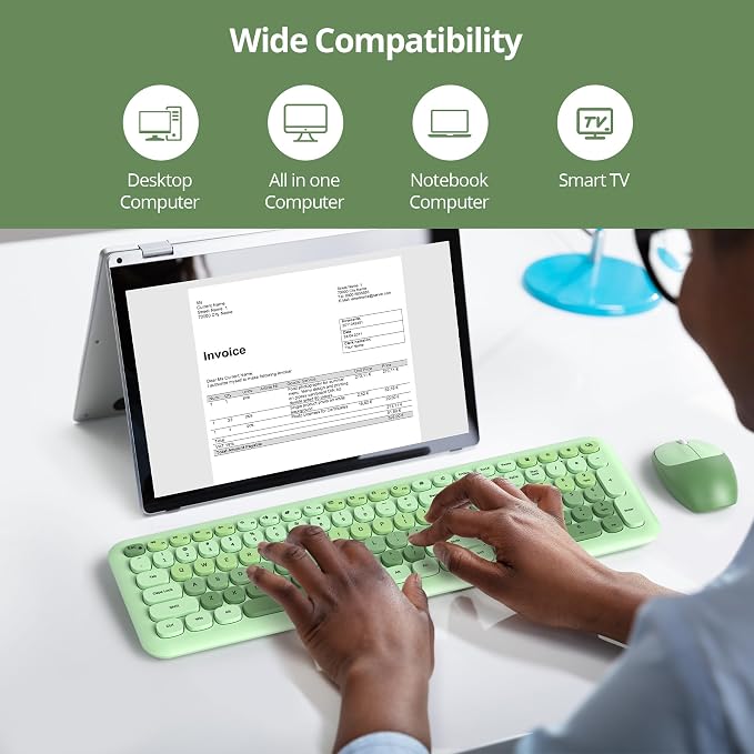 surmen Cute Green Keyboard and Mouse Wireless, Full-Size Retro Typewriter Wireless Silent Colorful Keyboard Low-Noise 2.4GHz for Home and Office（Light Green） - Image 5