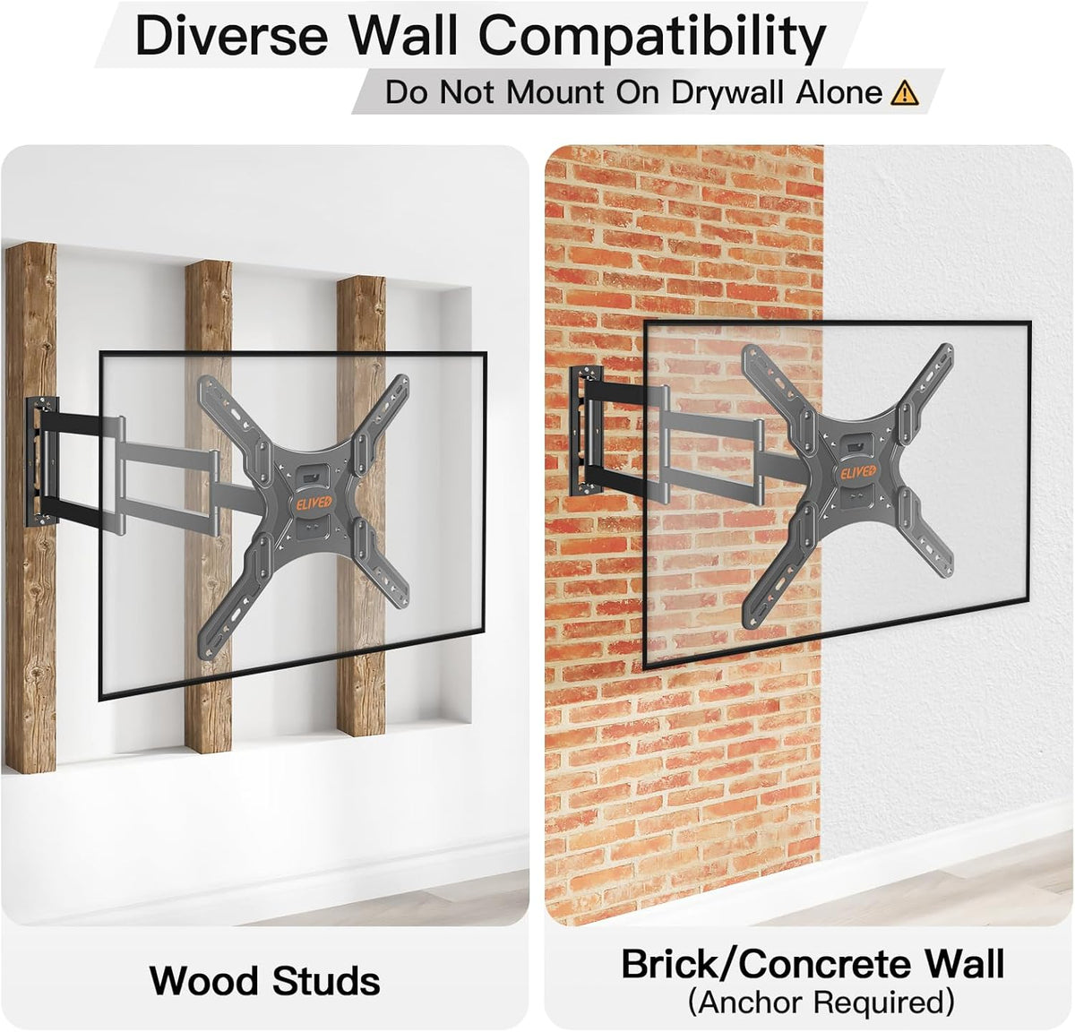 ELIVED Long Arm TV Wall Mount for Most 26-65 Inch TVs, 37.4 Inch Long Extension TV Mount Swivel and Tilt, Max VESA 400x400mm, Full Motion Wall Mount tv Bracket Holds up to 77 lbs. (Pack of 2) - Image 6