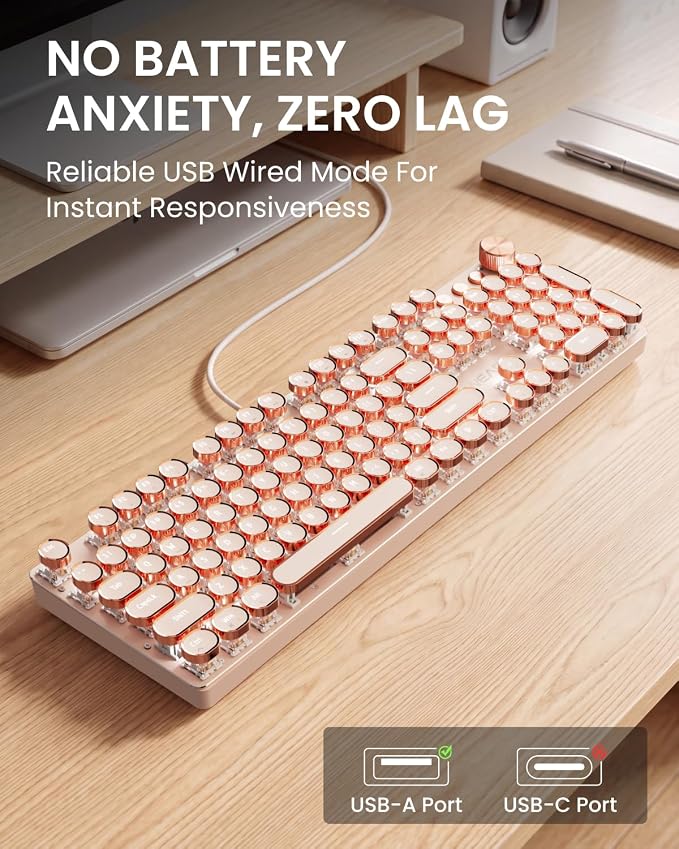 EWEADN Wired Typewriter Mechanical Keyboard, Low Noise Pink Switch Retro Punk Keyboard with Media Knob, White Backlit, Metal Panel, 104-Key Round Keycaps Cute Keyboard for Windows PC- Rose Gold - Image 5