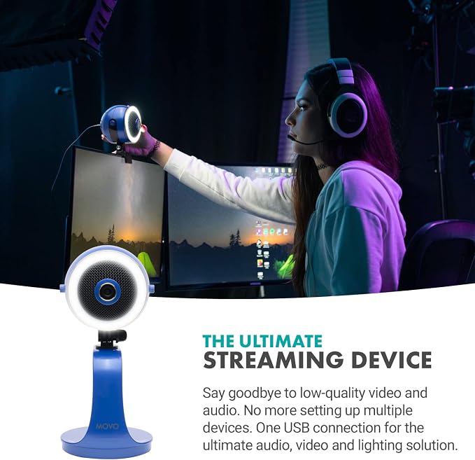 Movo WebMic HD Pro All-in-One Webcam with Mic and Ring Light in Royal Blue- 1080p HD Camera, Pro Cardioid Condenser Microphone, LED Ring Light - HD Webcam for Streaming, Video Calls, Recording, Gaming - Image 2