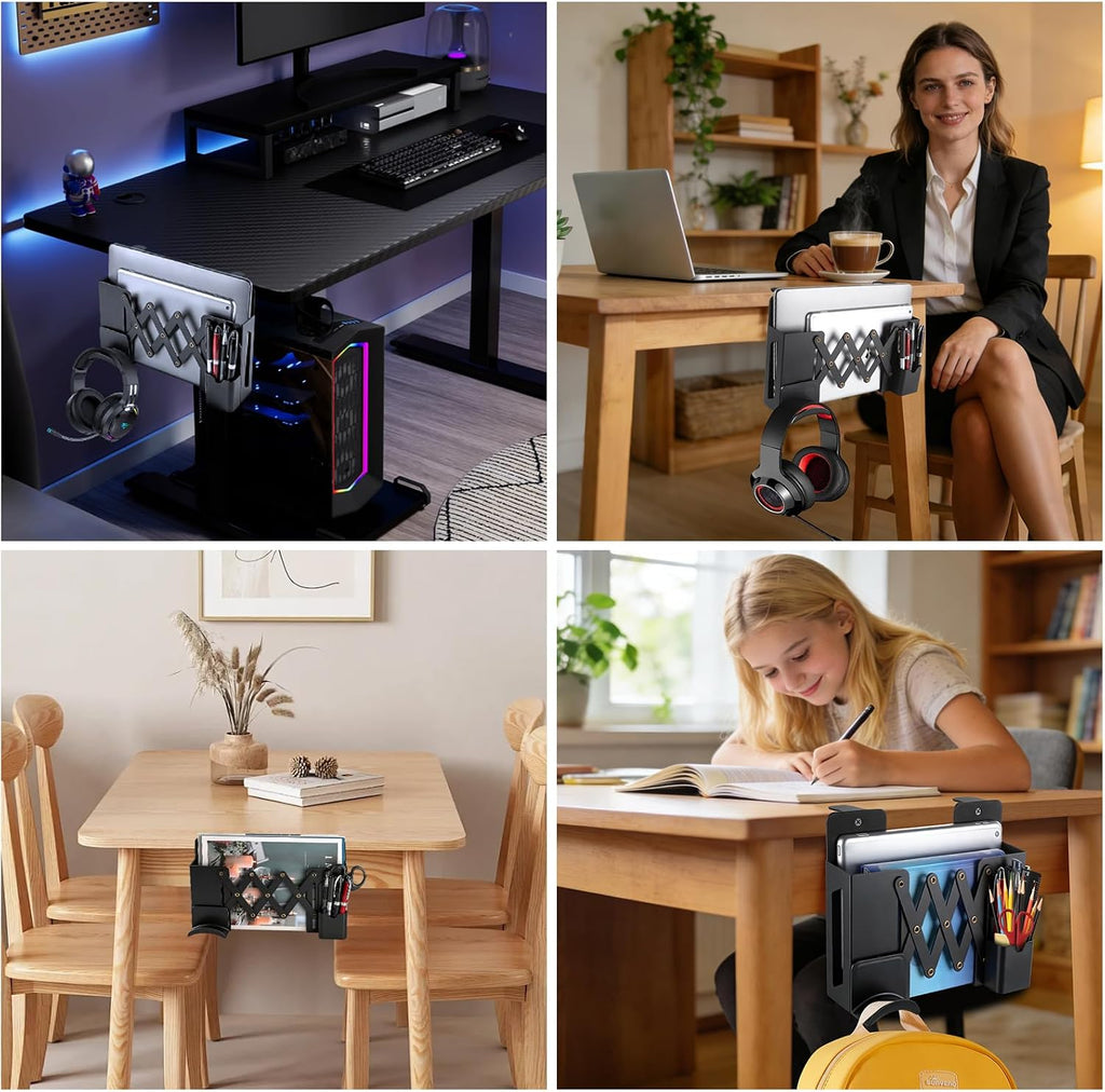 Desk Side Storage，Under Desk Clamp-on Vertical Laptop Holder,7-17 Inch Length Adjustable with Pen & Headphone Holder,No Drill Storage Shelf for Desk，Fits Table Edge 0.4" to 2.3"(Black) - Image 7