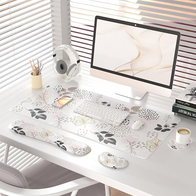 QIYI PU Leather Desk Mat Set, 4-in-1 Ergonomic Wrist Rest, Botanical Leaf | Waterproof Large Mouse Pad 31.5×15.7 + Keyboard Wrist Rest + Mouse Wrist Support+Coaster, Non-Slip Office Gaming Accessories - Image 2