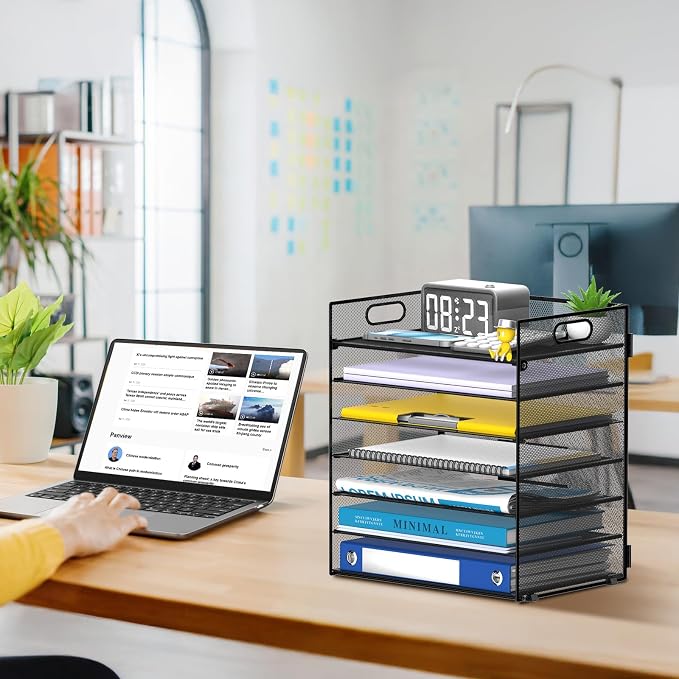 7 Tier Paper Organizer for Desk with Letter Trays & Handle Black | Black Desk File Organizer with Handle for Sorting Papers, Files, Folders, Mail, Bills and Office Supplies - Image 7