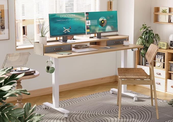Claiks Standing Desk with Drawers & Wheels, 2 Height Shelf 63" Natural | 2 height adjust shelf, tabletop drawers, felt fence design, sturdy supports 176 lbs, 4 wheels, 2 tire monitor stand - Image 2